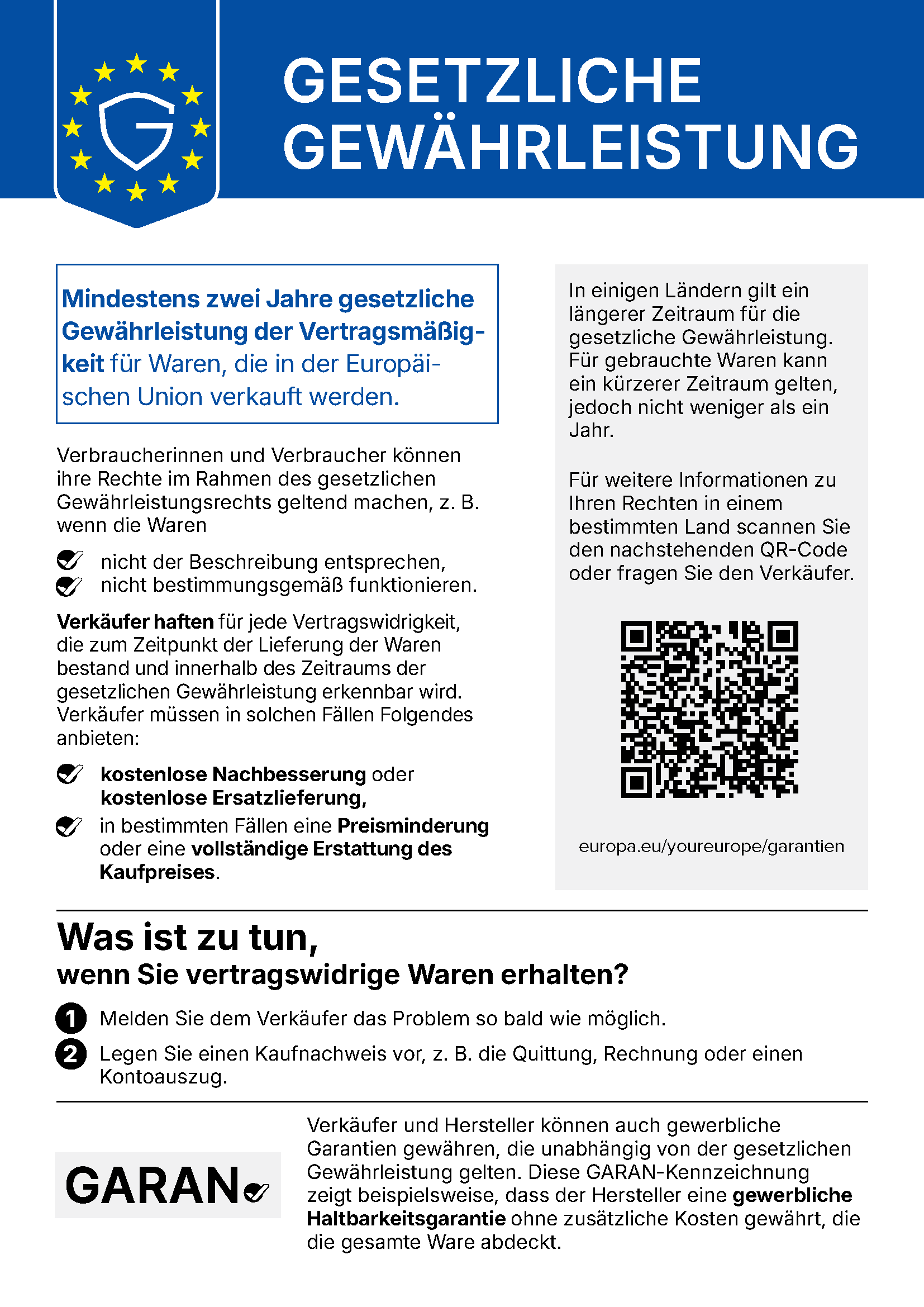 EU-Hinweis: Gesetzliche Gewährleistung, mindestens zwei Jahre